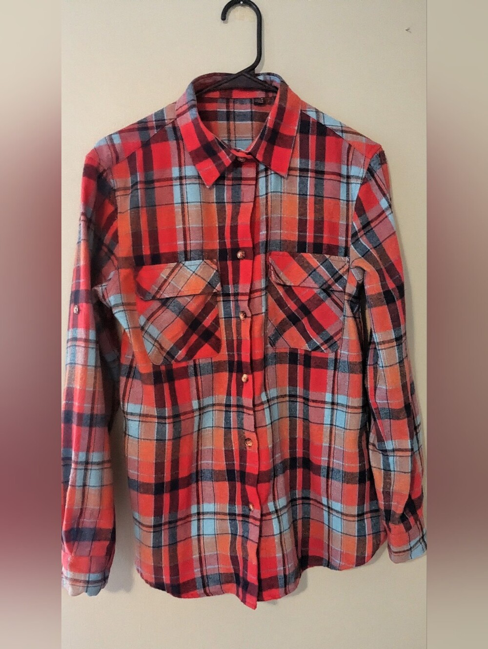 Red, Black And Pale Blue Button Down Flannel Shirt